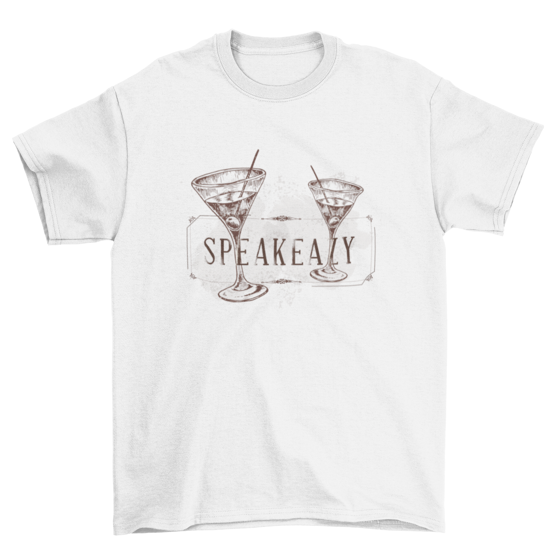 A stylish t-shirt featuring hand-drawn Martini glasses in a retro frame with the word 'Speakeazy'.