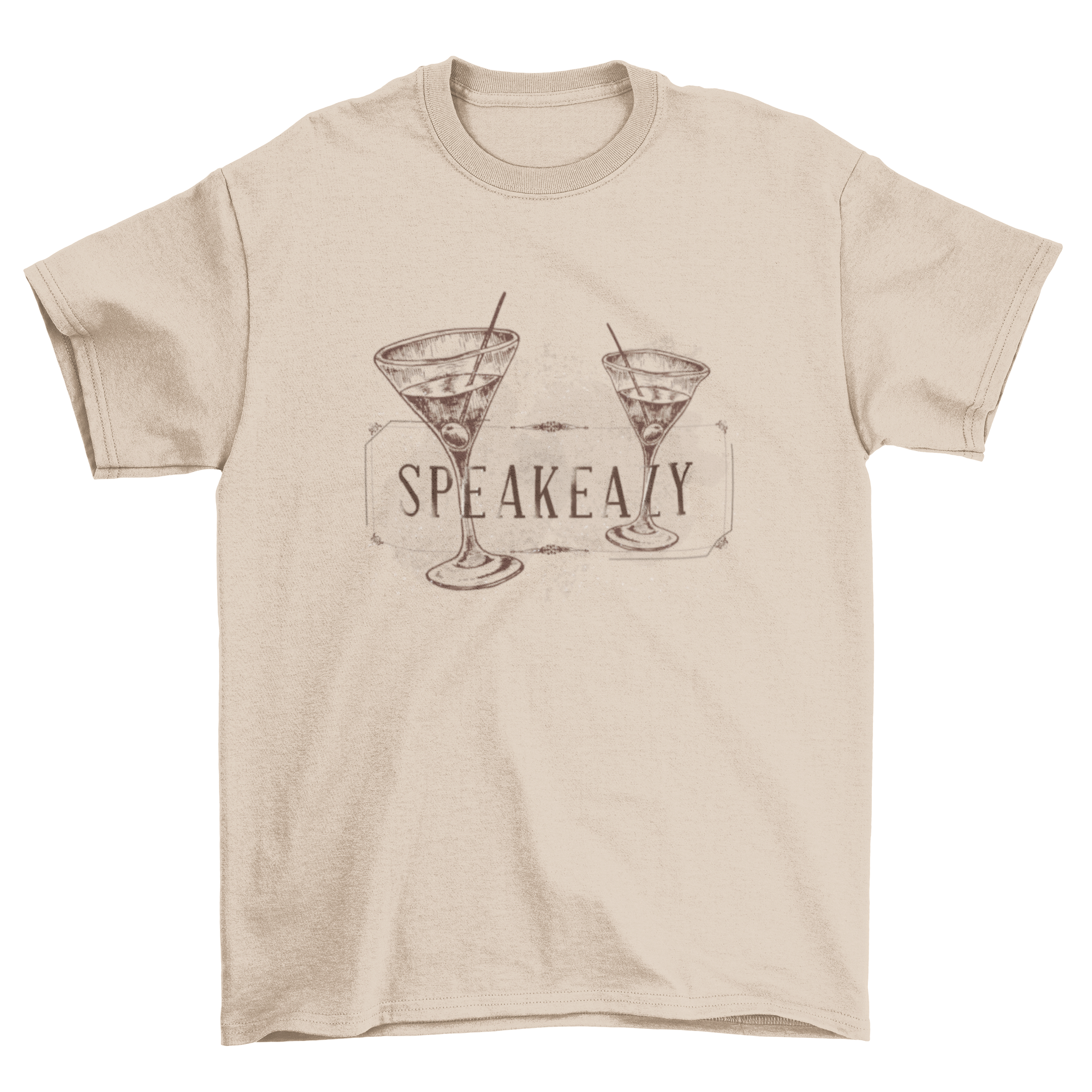 A stylish t-shirt featuring hand-drawn Martini glasses in a retro frame with the word 'Speakeazy'.