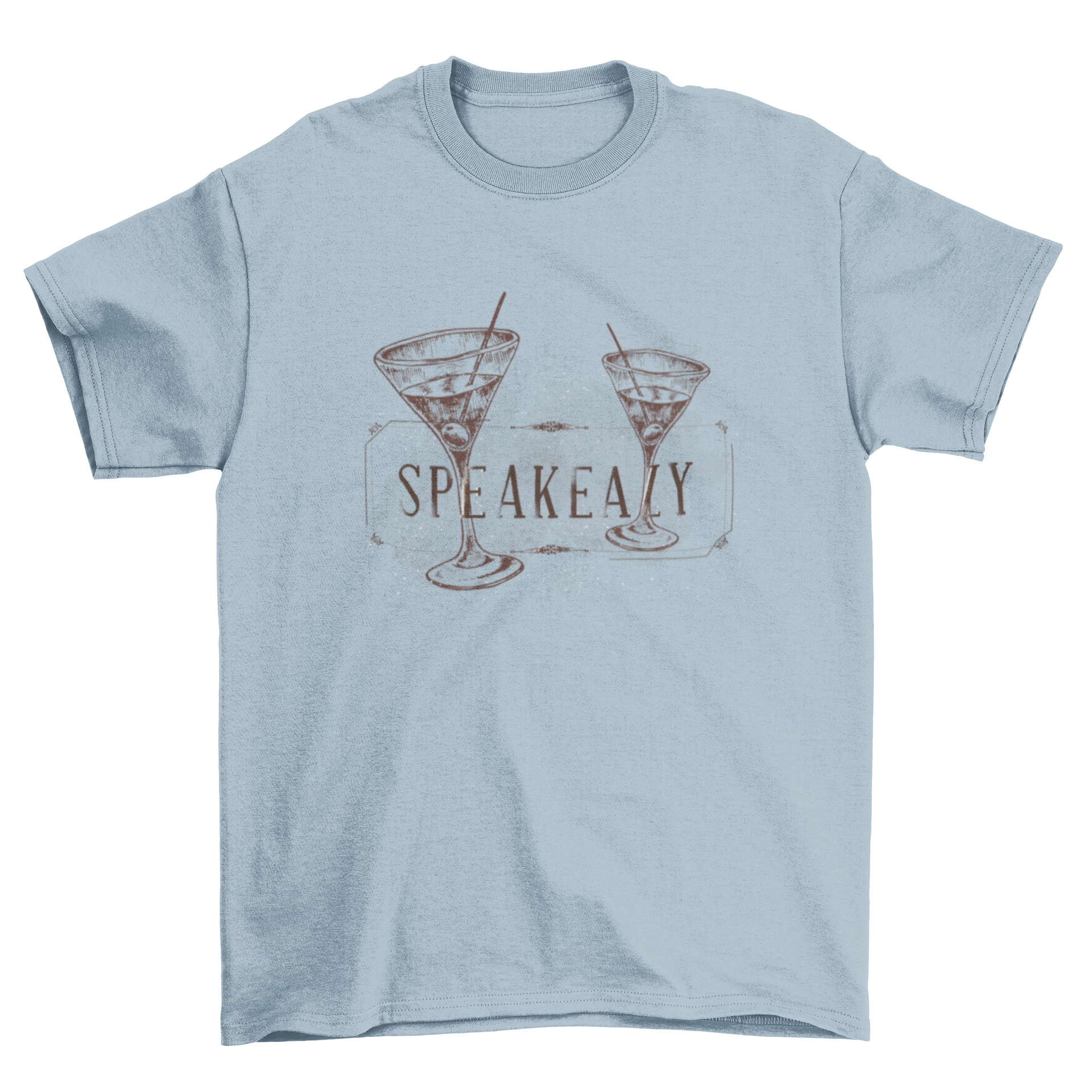 A stylish t-shirt featuring hand-drawn Martini glasses in a retro frame with the word 'Speakeazy'.