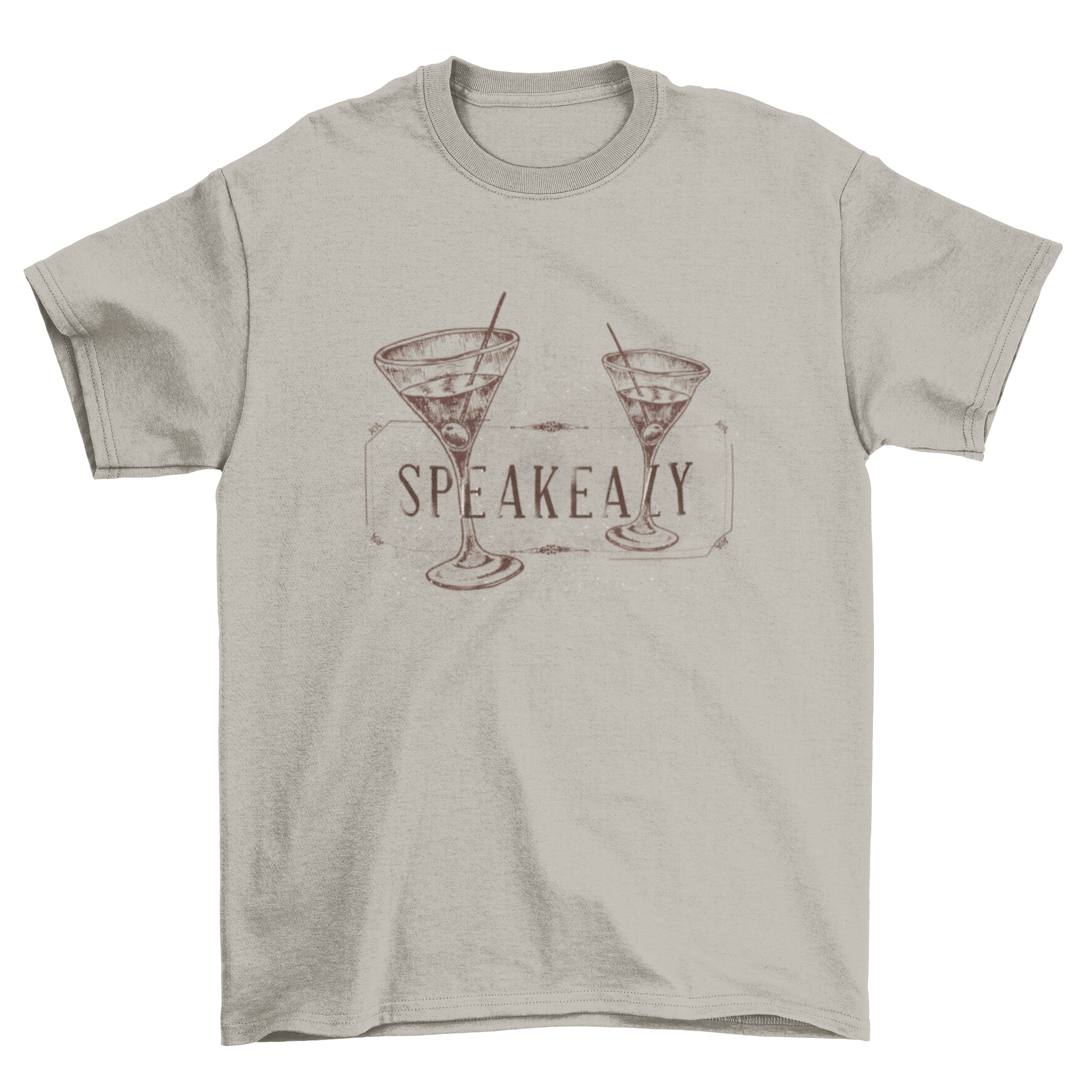 A stylish t-shirt featuring hand-drawn Martini glasses in a retro frame with the word 'Speakeazy'.