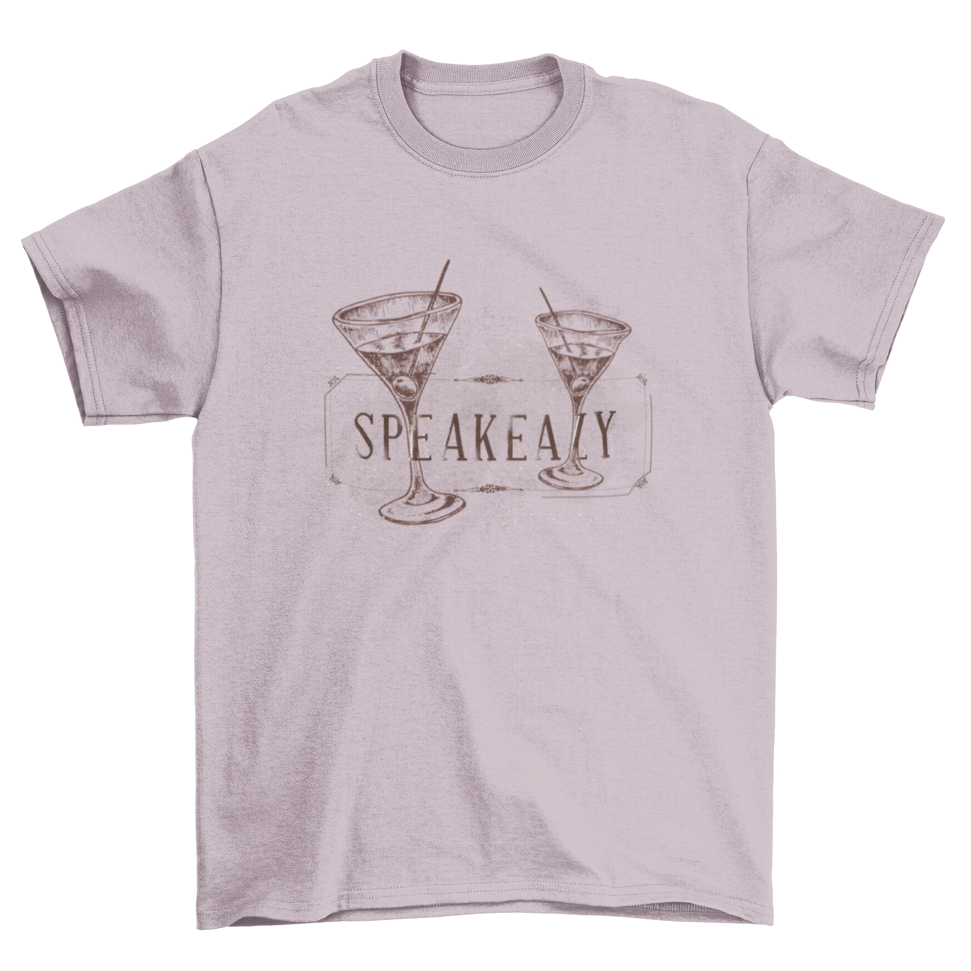A stylish t-shirt featuring hand-drawn Martini glasses in a retro frame with the word 'Speakeazy'.