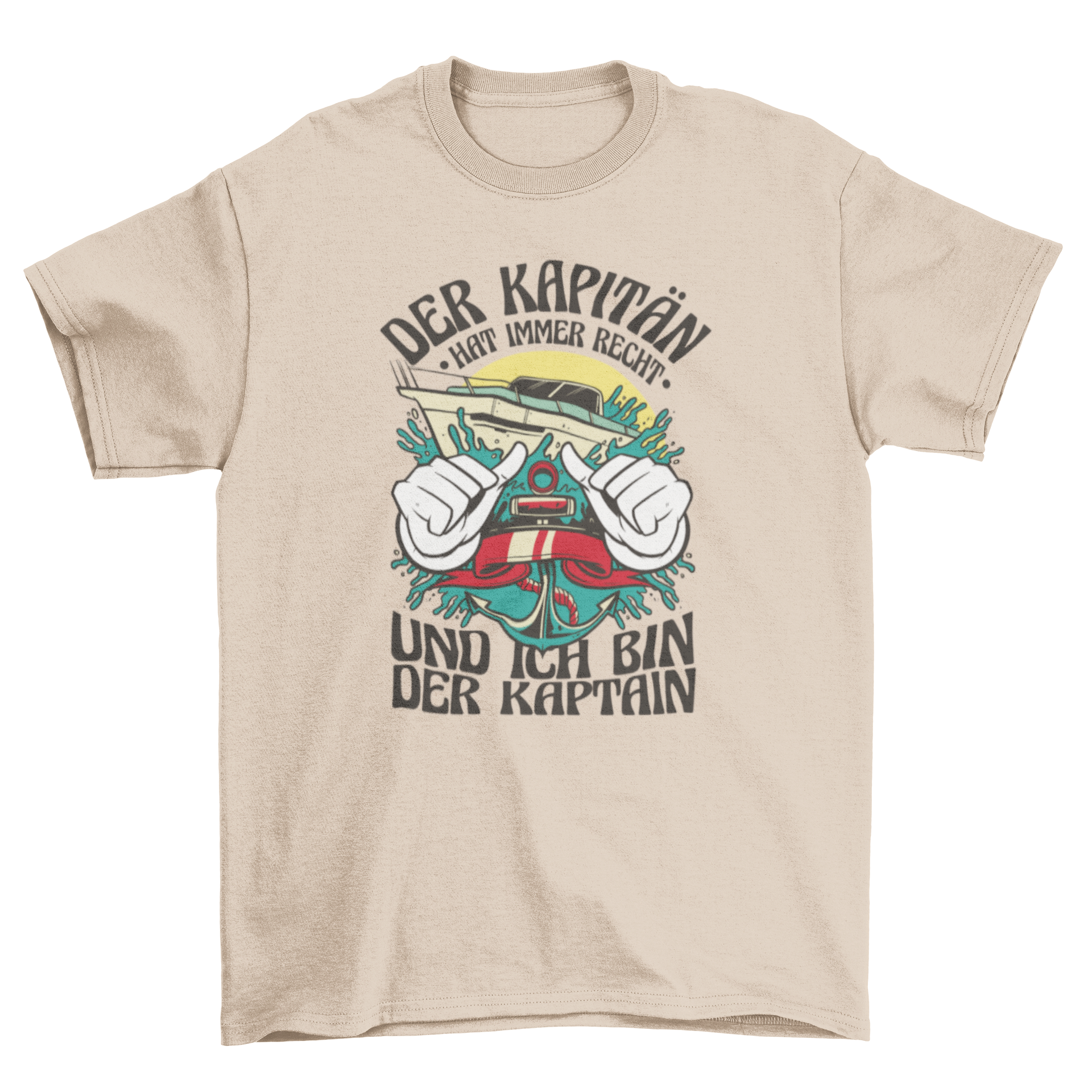A stylish t-shirt featuring a speedboat graphic and a humorous German quote about being a captain.