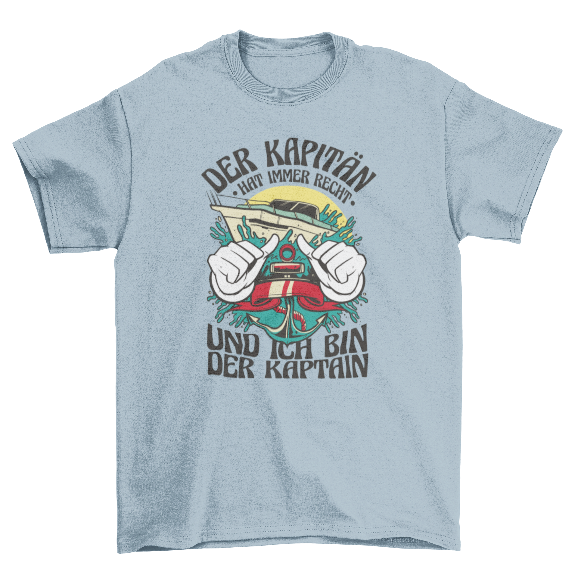 A stylish t-shirt featuring a speedboat graphic and a humorous German quote about being a captain.