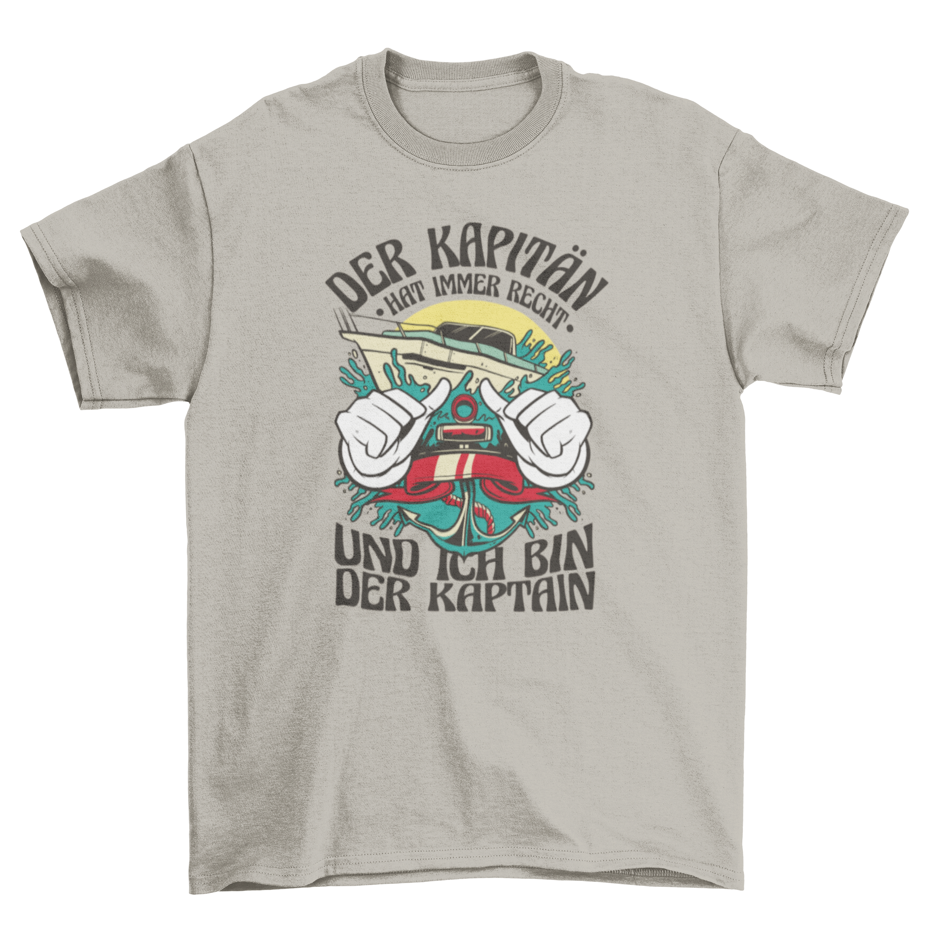 A stylish t-shirt featuring a speedboat graphic and a humorous German quote about being a captain.