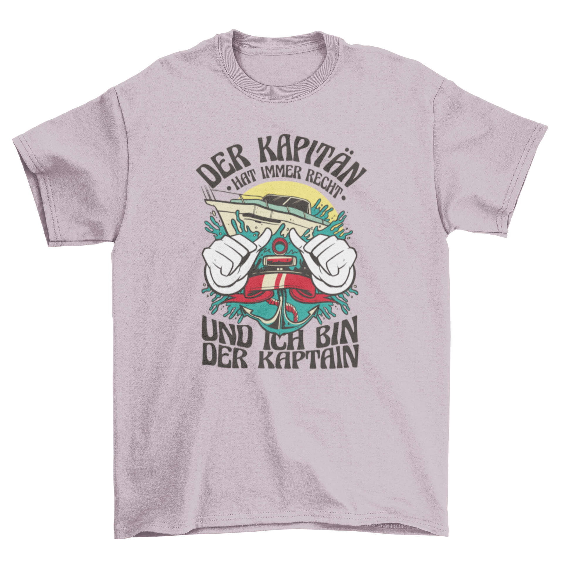 A stylish t-shirt featuring a speedboat graphic and a humorous German quote about being a captain.