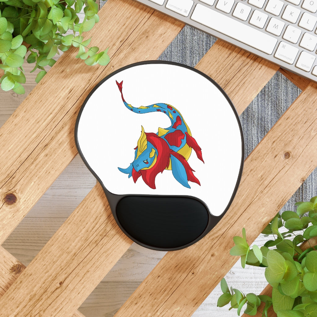 Sphale Mouse Pad with ergonomic Memory Foam wrist rest and custom-printed neoprene insert, featuring a foot-shaped black plastic base.