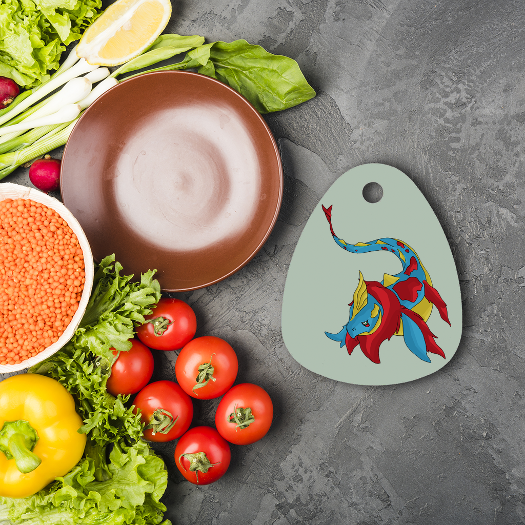 Sphale Sublimation Glass Cutting Board in water droplet shape, showcasing vibrant custom designs.