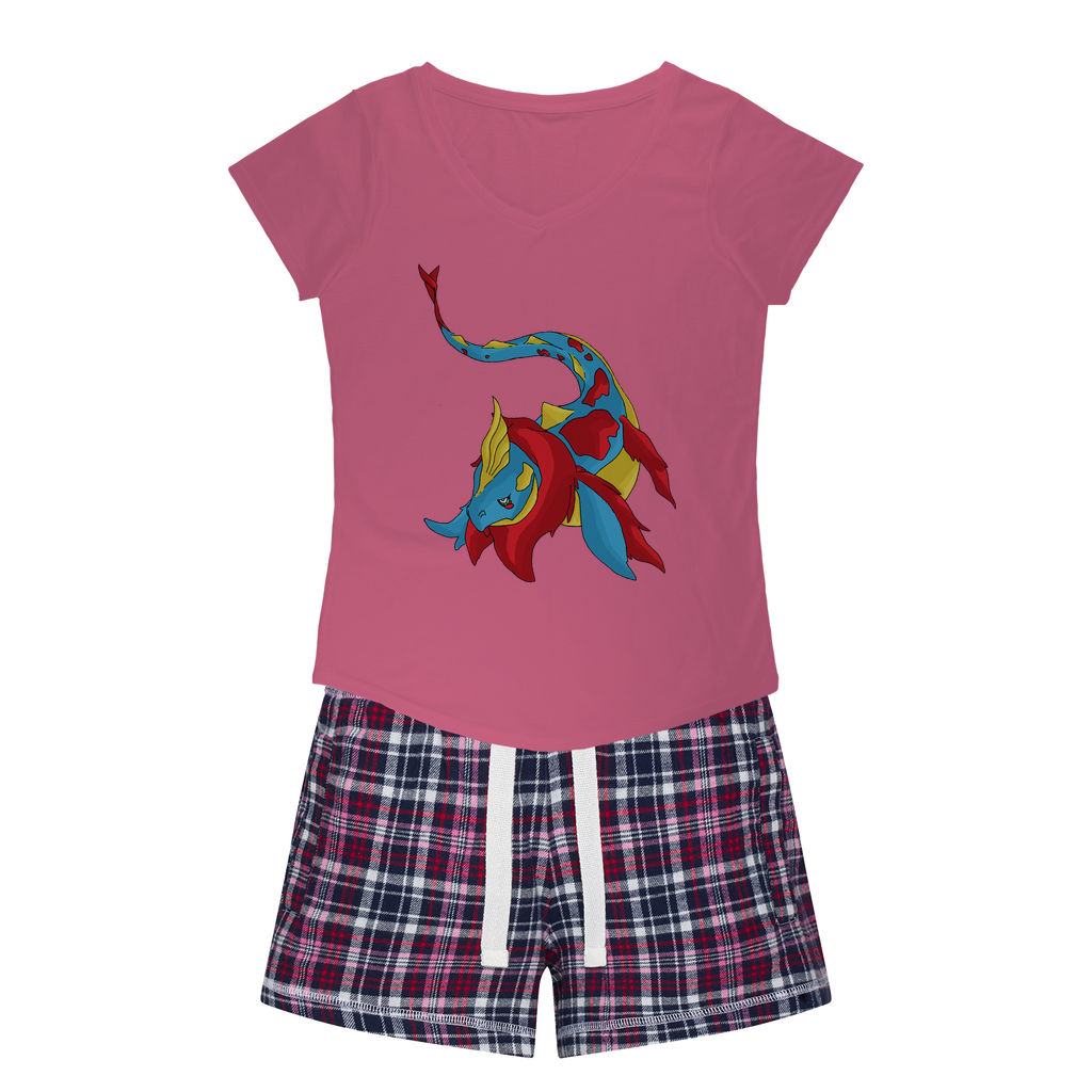 Sphale Women's Sleepy Tee and Flannel Short set featuring a relaxed fit T-shirt and vibrant flannel shorts, perfect for cozy nights.