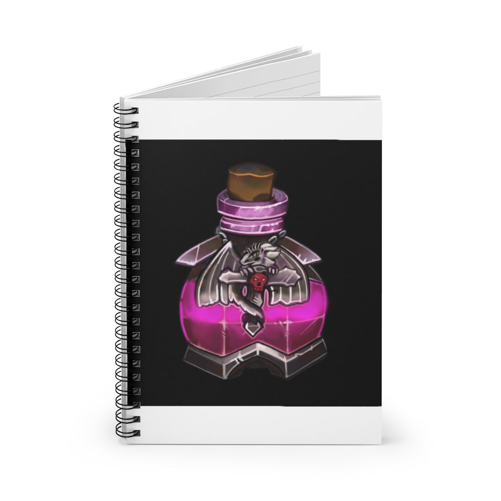 A stylish spiral notebook with ruled line pages, featuring a colorful front cover print and a sleek black back cover.