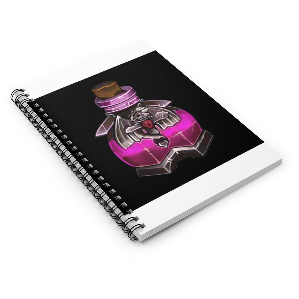 A stylish spiral notebook with ruled line pages, featuring a colorful front cover print and a sleek black back cover.
