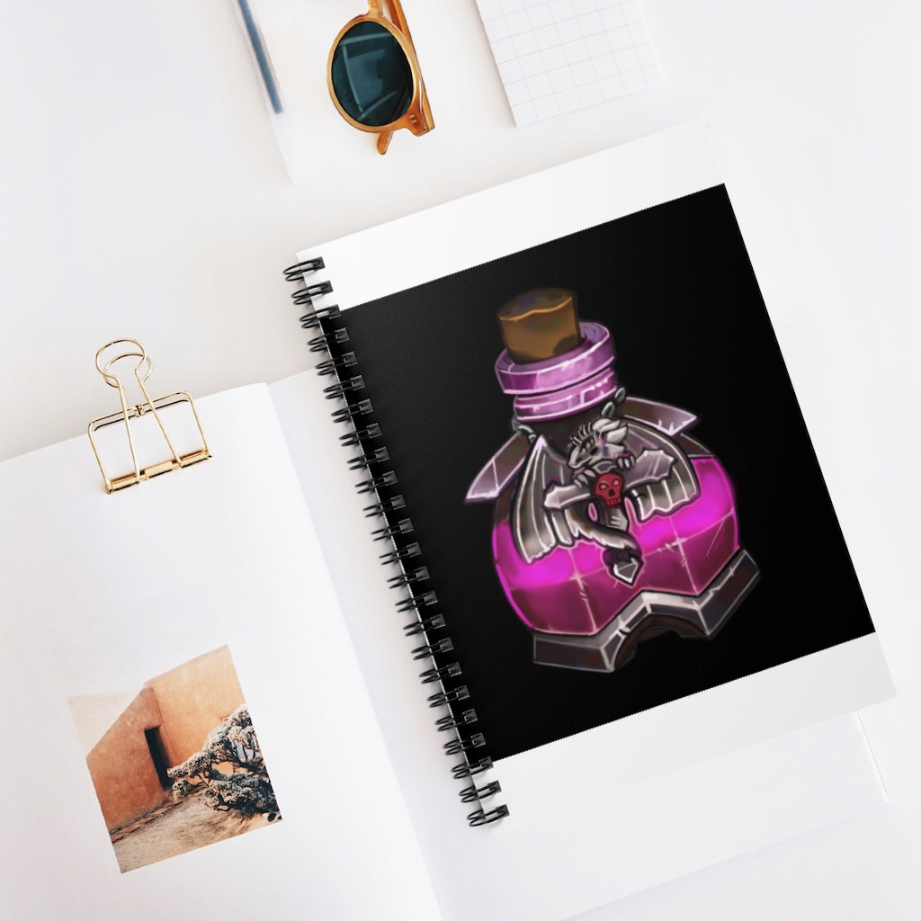 A stylish spiral notebook with ruled line pages, featuring a colorful front cover print and a sleek black back cover.