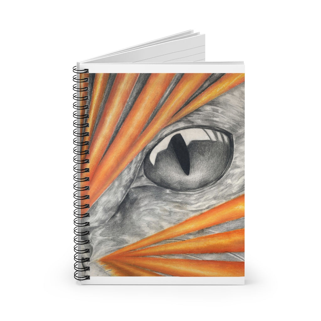 A stylish spiral notebook with ruled line pages, featuring a colorful printed front cover and a sleek black back cover.