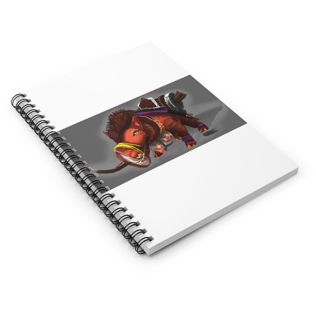 A stylish spiral notebook with ruled line pages, featuring a colorful printed front cover and a sleek black back cover.