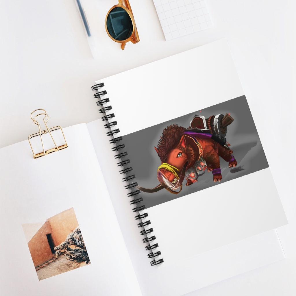 A stylish spiral notebook with ruled line pages, featuring a colorful printed front cover and a sleek black back cover.