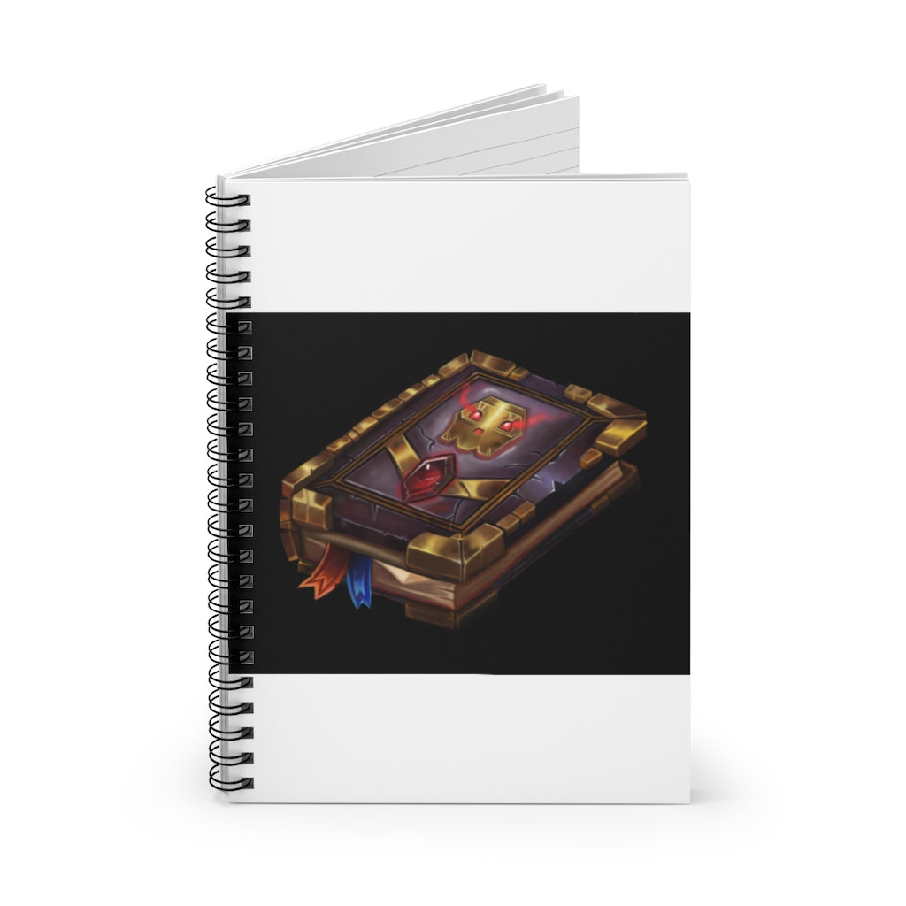 A stylish spiral notebook with ruled line pages, featuring a vibrant printed front cover and a sleek black back cover.