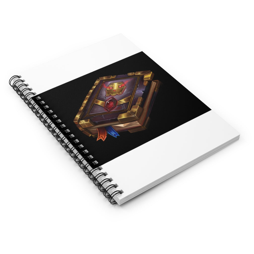 A stylish spiral notebook with ruled line pages, featuring a vibrant printed front cover and a sleek black back cover.