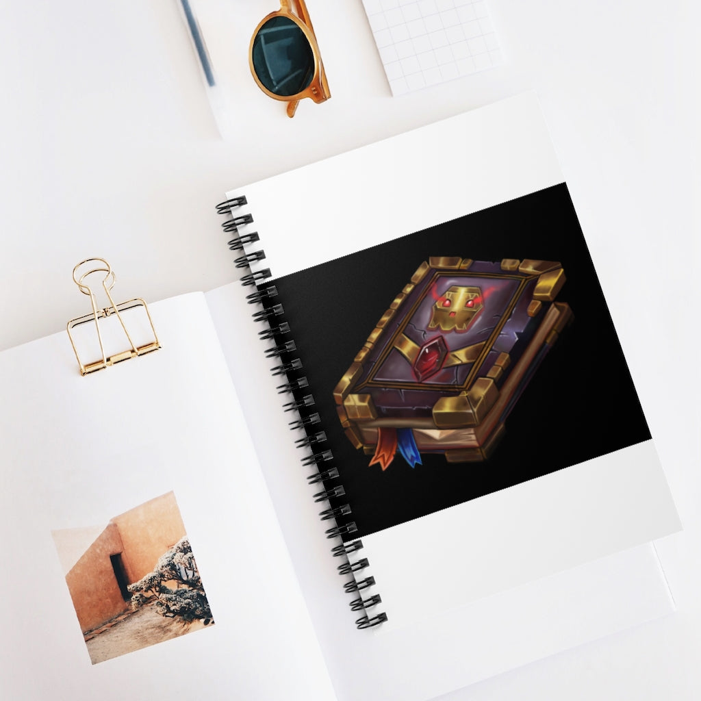 A stylish spiral notebook with ruled line pages, featuring a vibrant printed front cover and a sleek black back cover.