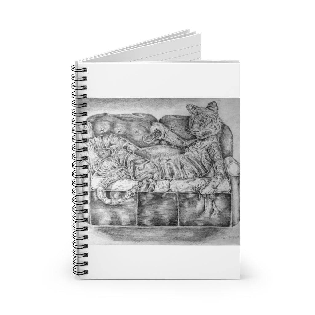 A stylish spiral notebook with ruled line pages, featuring a printed front cover and a black back cover, ideal for notes and lists.