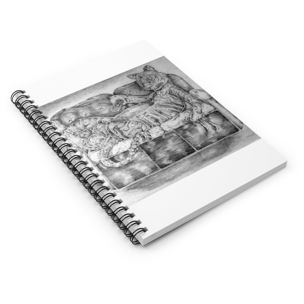 A stylish spiral notebook with ruled line pages, featuring a printed front cover and a black back cover, ideal for notes and lists.