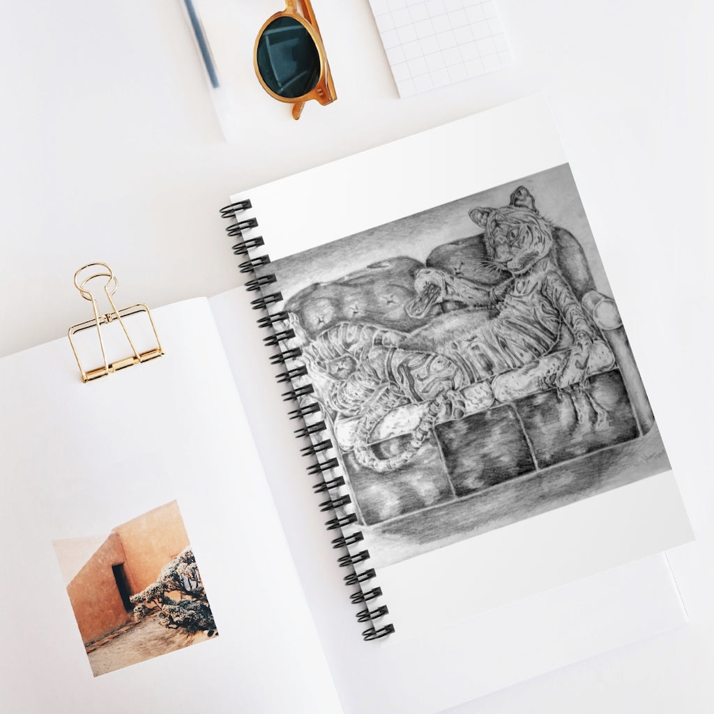 A stylish spiral notebook with ruled line pages, featuring a printed front cover and a black back cover, ideal for notes and lists.