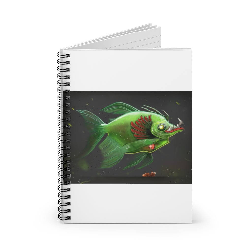 Spiral notebook with ruled line pages, featuring a colorful printed front cover and a sleek black back cover.