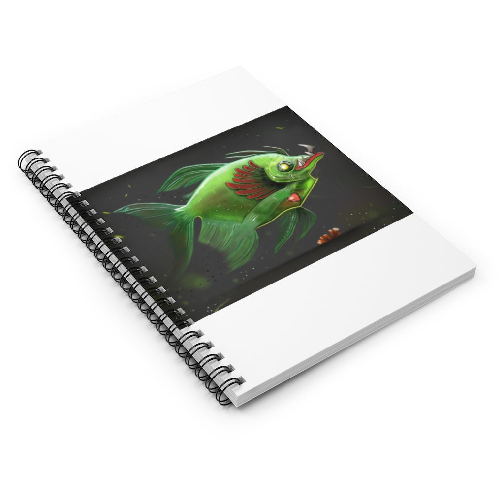 Spiral notebook with ruled line pages, featuring a colorful printed front cover and a sleek black back cover.