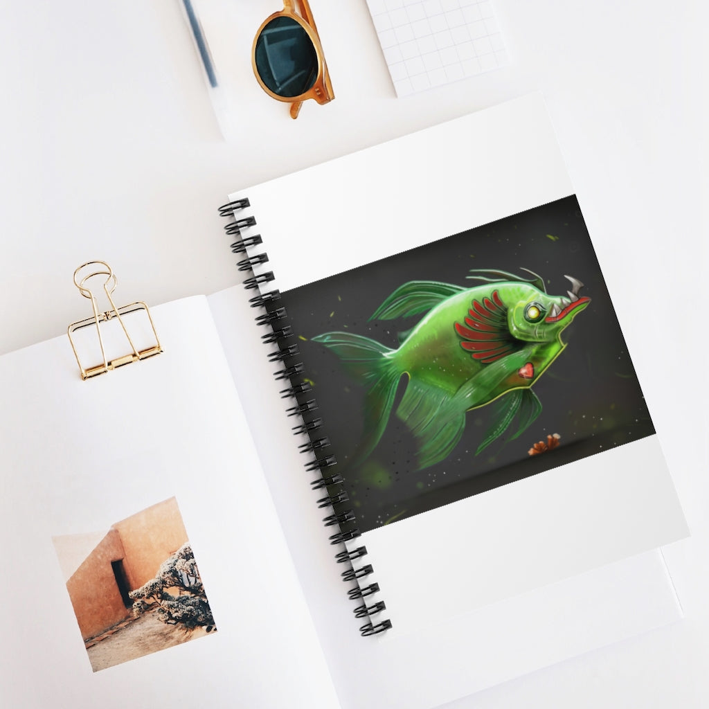 Spiral notebook with ruled line pages, featuring a colorful printed front cover and a sleek black back cover.