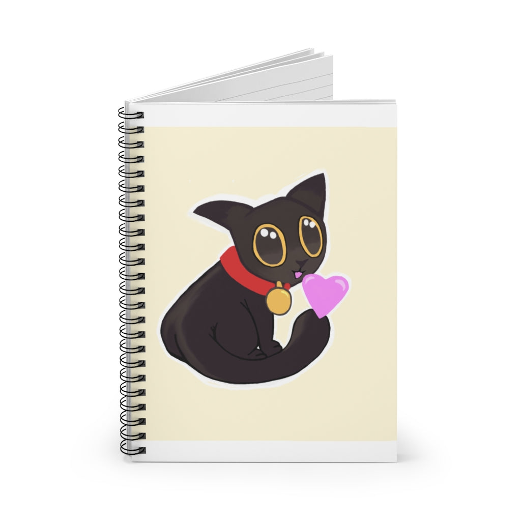 Spiral notebook with ruled line pages and a colorful printed front cover, featuring a sleek black back cover.