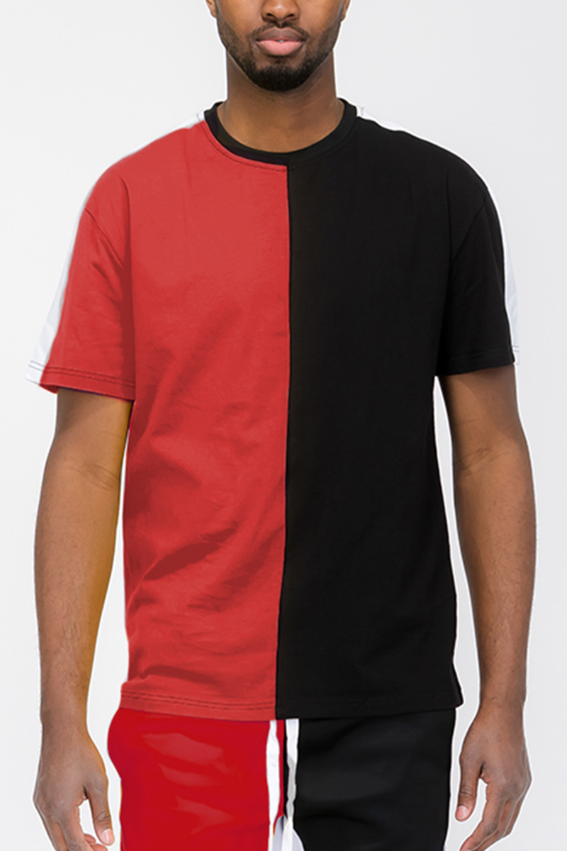 A stylish Split Two Way T-shirt featuring a two-tone design with short sleeves and a unique side strip detail, made from 100% cotton.