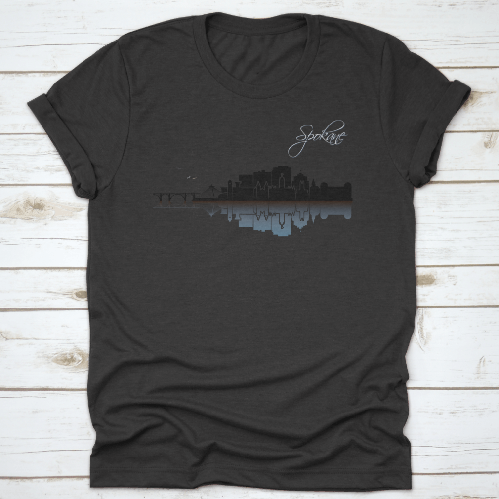 Hand-drawn vector design of Spokane skyline on a comfortable cotton t-shirt, showcasing iconic buildings and scenery.