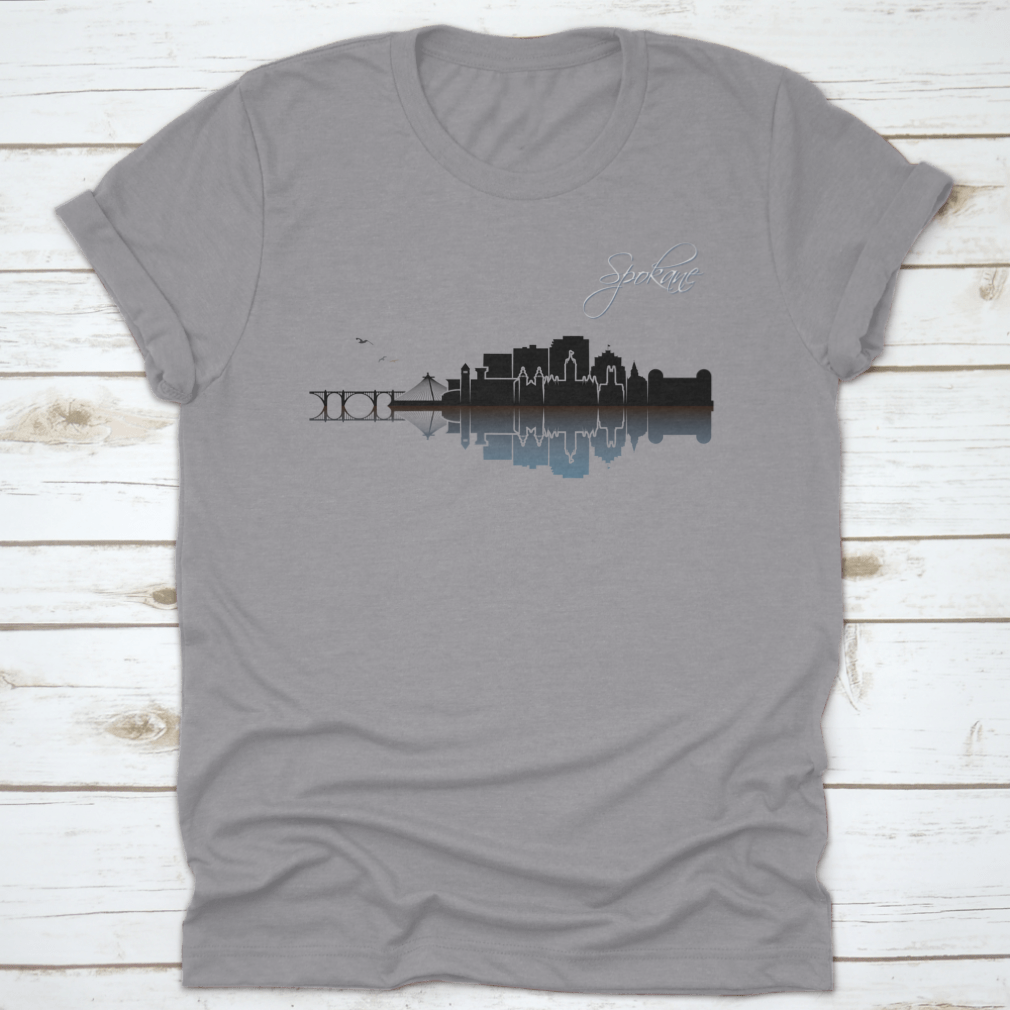 Hand-drawn vector design of Spokane skyline on a comfortable cotton t-shirt, showcasing iconic buildings and scenery.