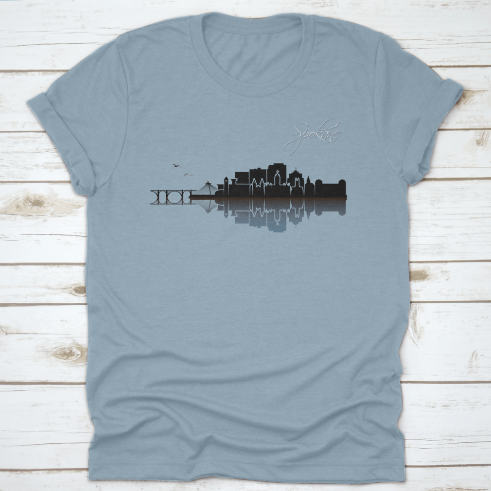 Hand-drawn vector design of Spokane skyline on a comfortable cotton t-shirt, showcasing iconic buildings and scenery.