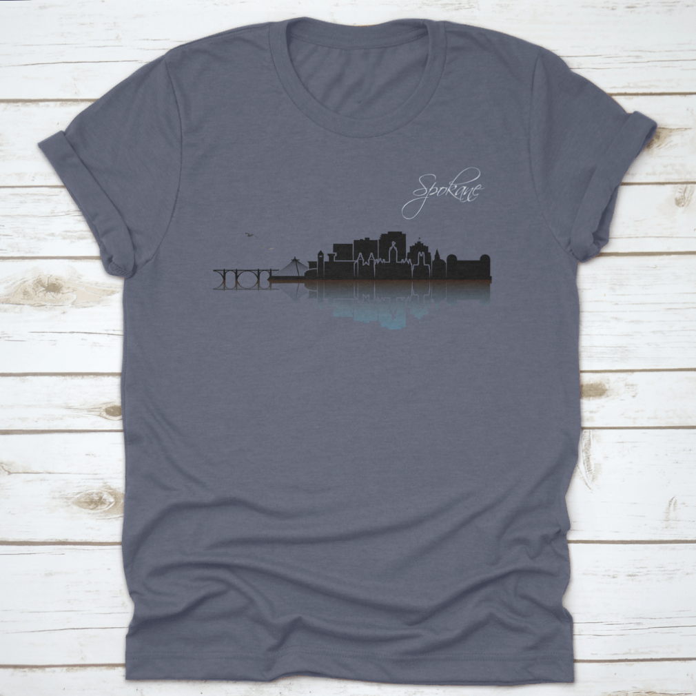 Hand-drawn vector design of Spokane skyline on a comfortable cotton t-shirt, showcasing iconic buildings and scenery.