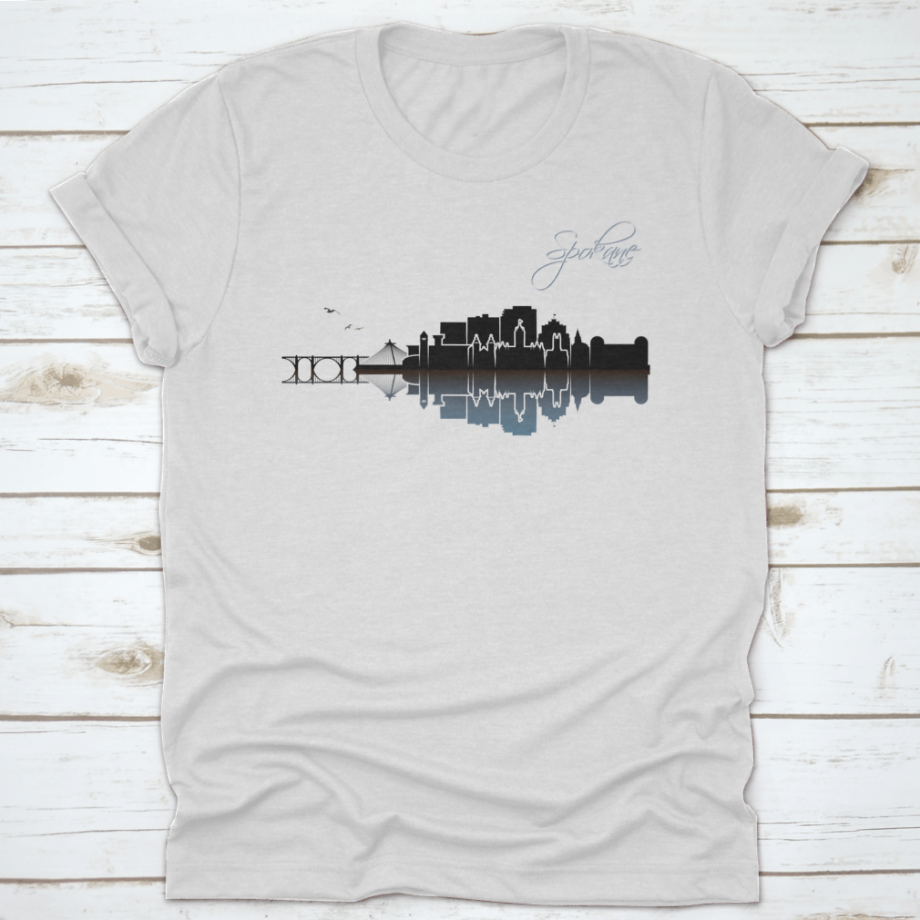 Hand-drawn vector design of Spokane skyline on a comfortable cotton t-shirt, showcasing iconic buildings and scenery.