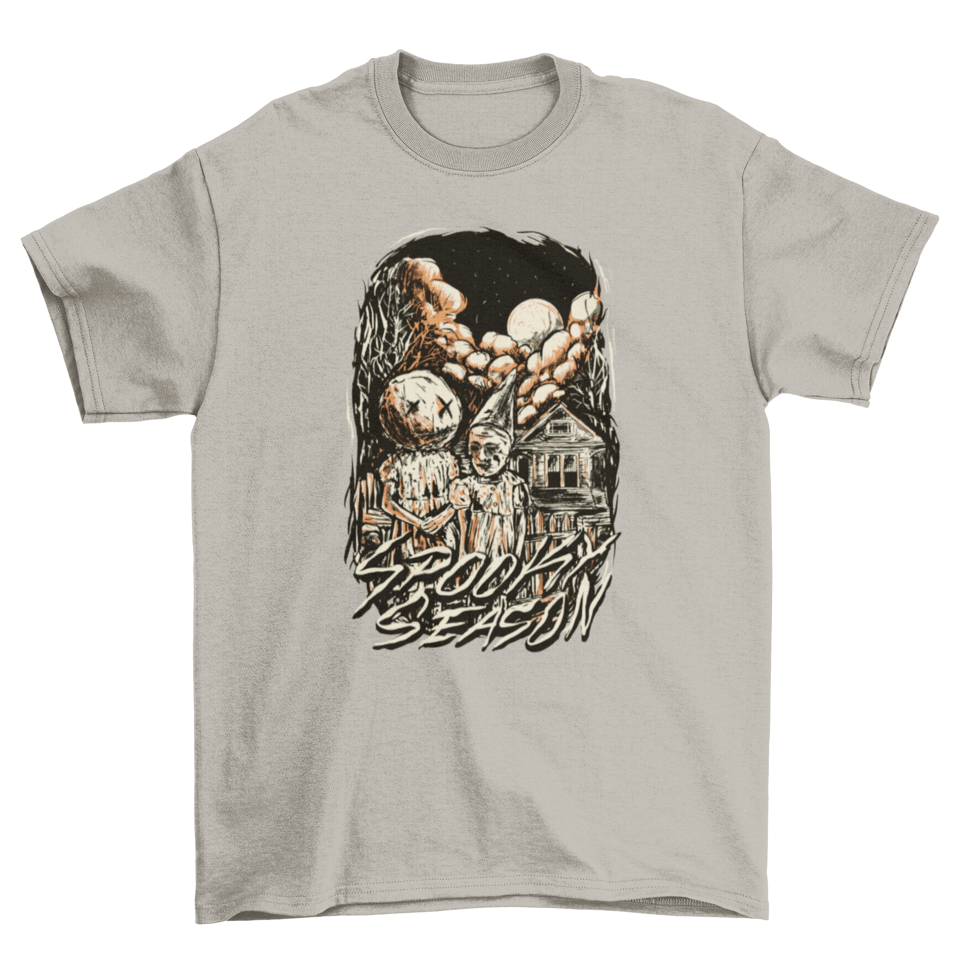 A spooky Halloween t-shirt featuring a horror illustration of a kid and a pumpkin girl, perfect for the spooky season.