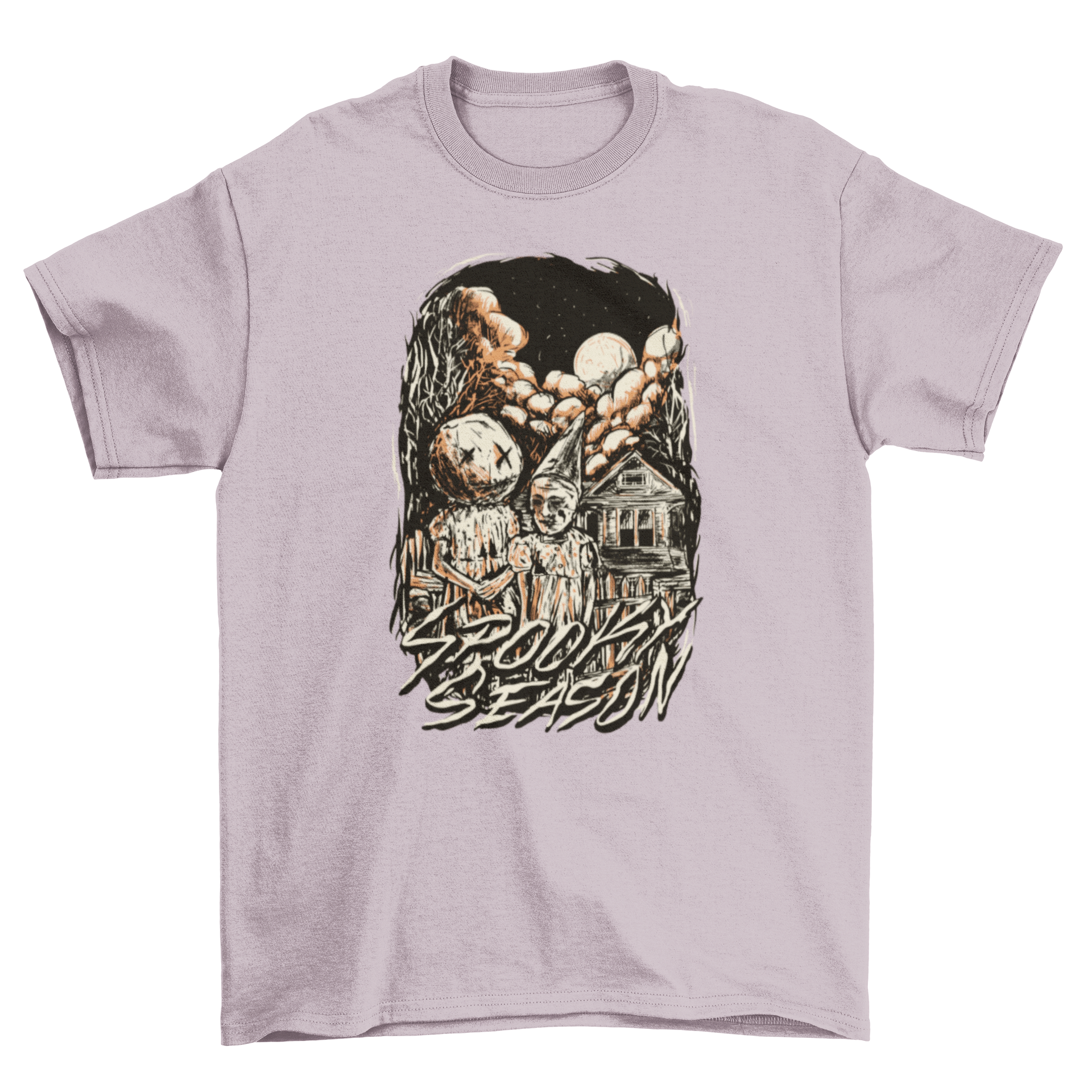 A spooky Halloween t-shirt featuring a horror illustration of a kid and a pumpkin girl, perfect for the spooky season.