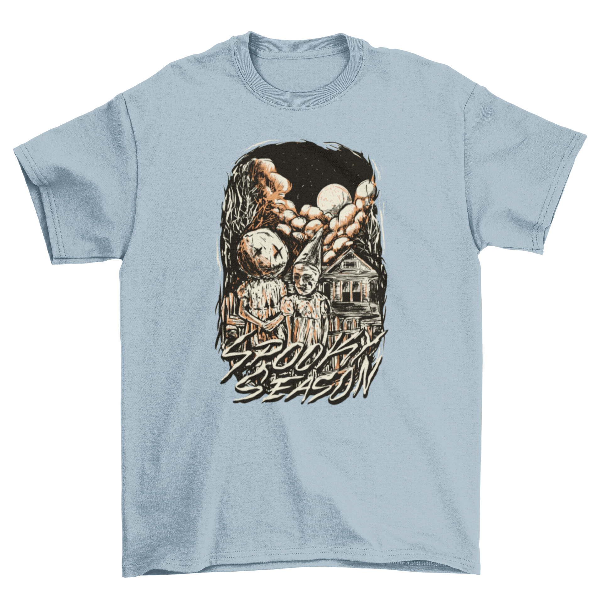 A spooky Halloween t-shirt featuring a horror illustration of a kid and a pumpkin girl, perfect for the spooky season.