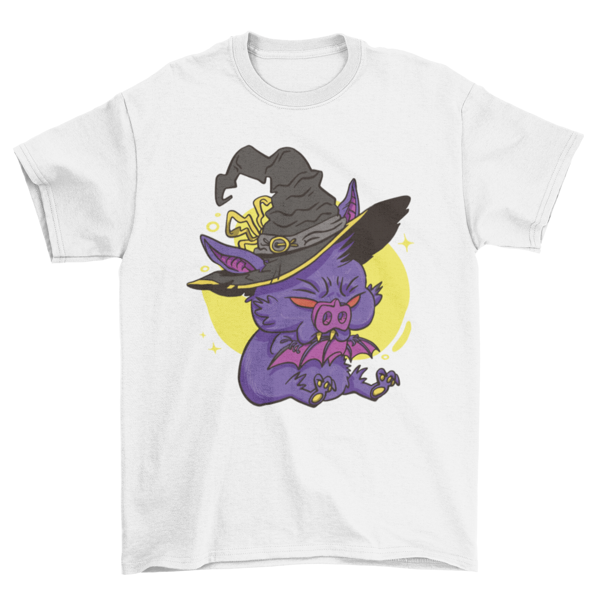 A cartoon bat dressed in a witch costume on a t-shirt, perfect for Halloween celebrations.