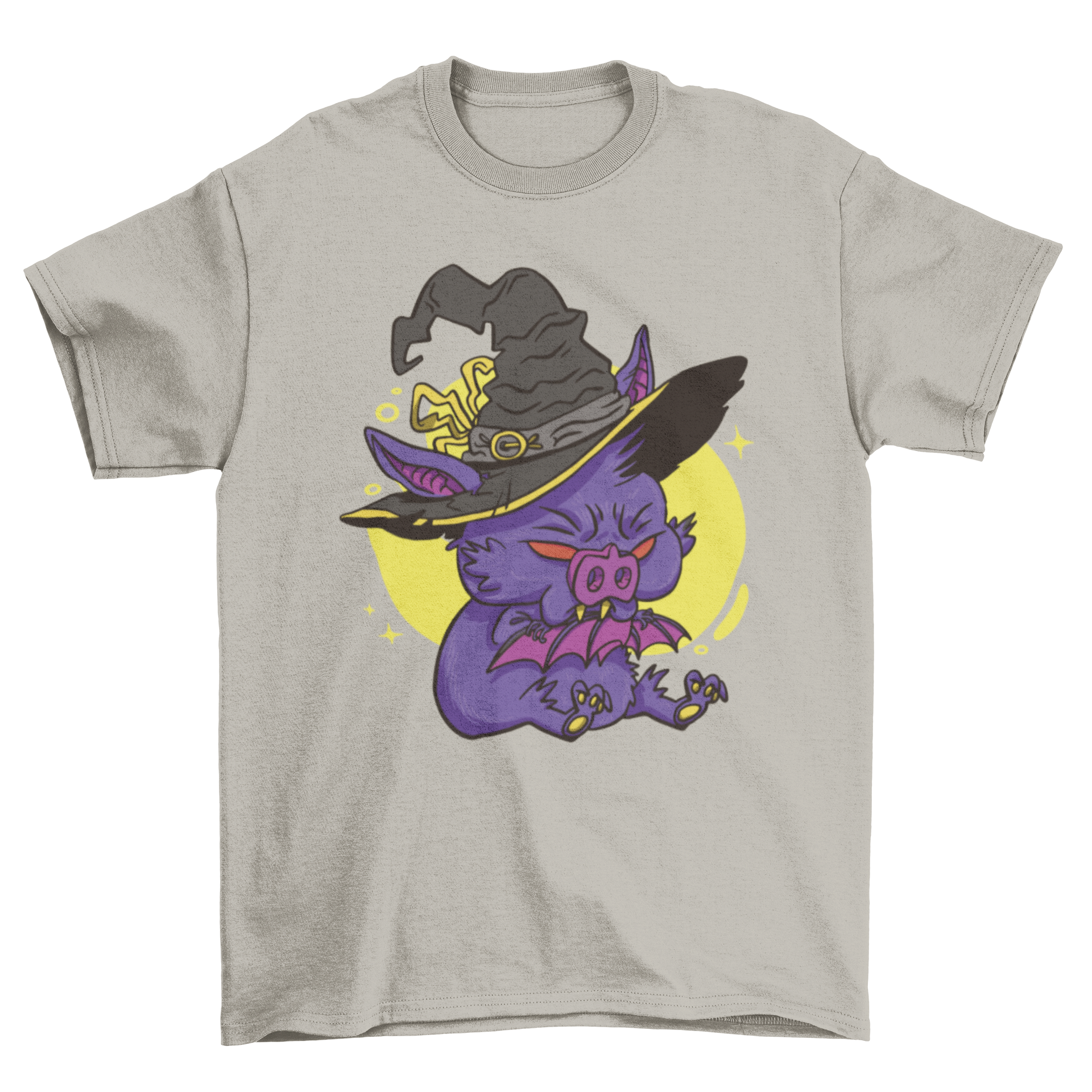 A cartoon bat dressed in a witch costume on a t-shirt, perfect for Halloween celebrations.