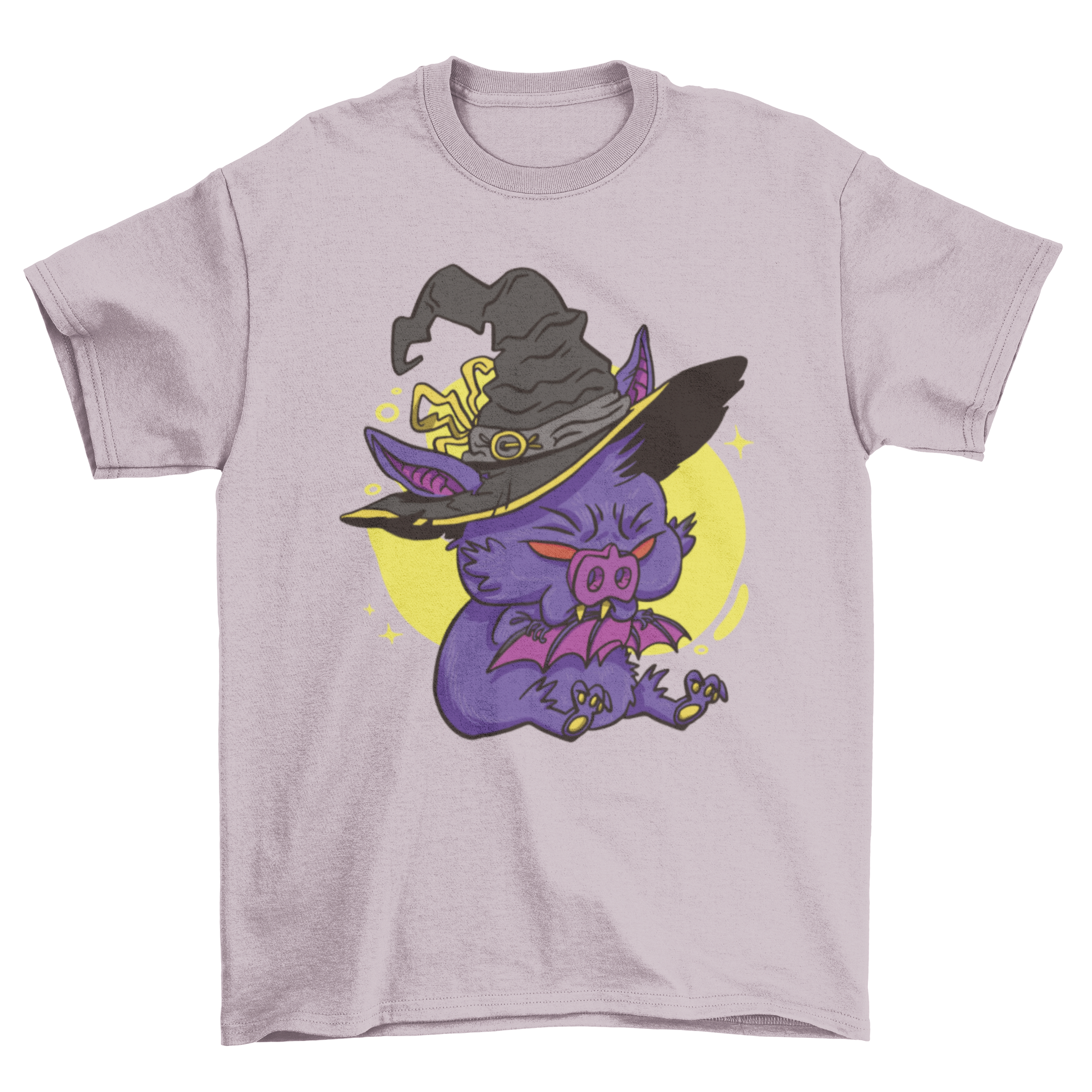 A cartoon bat dressed in a witch costume on a t-shirt, perfect for Halloween celebrations.