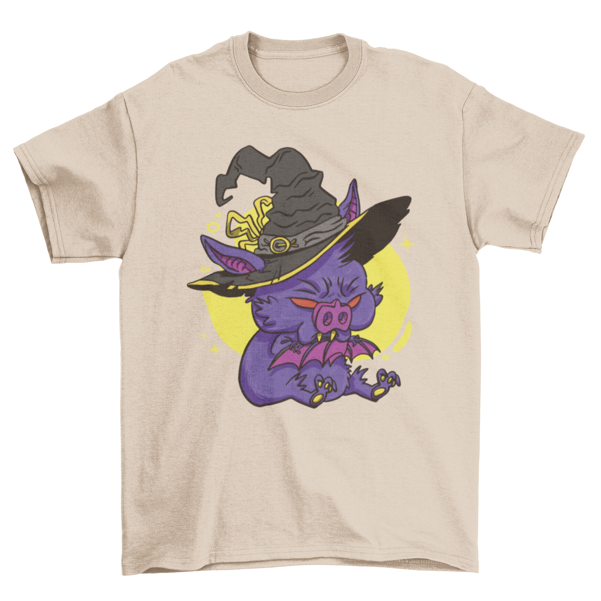 A cartoon bat dressed in a witch costume on a t-shirt, perfect for Halloween celebrations.