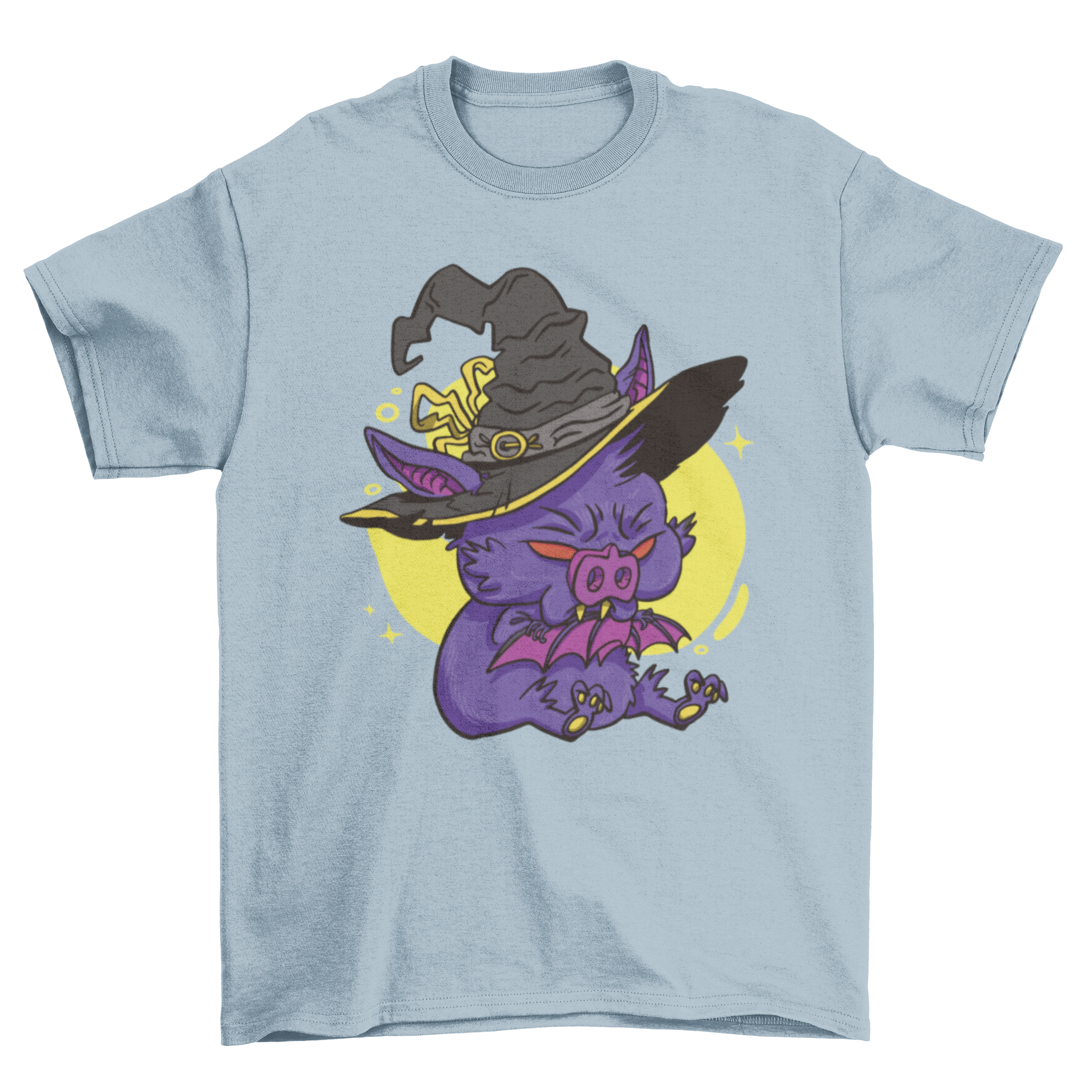 A cartoon bat dressed in a witch costume on a t-shirt, perfect for Halloween celebrations.