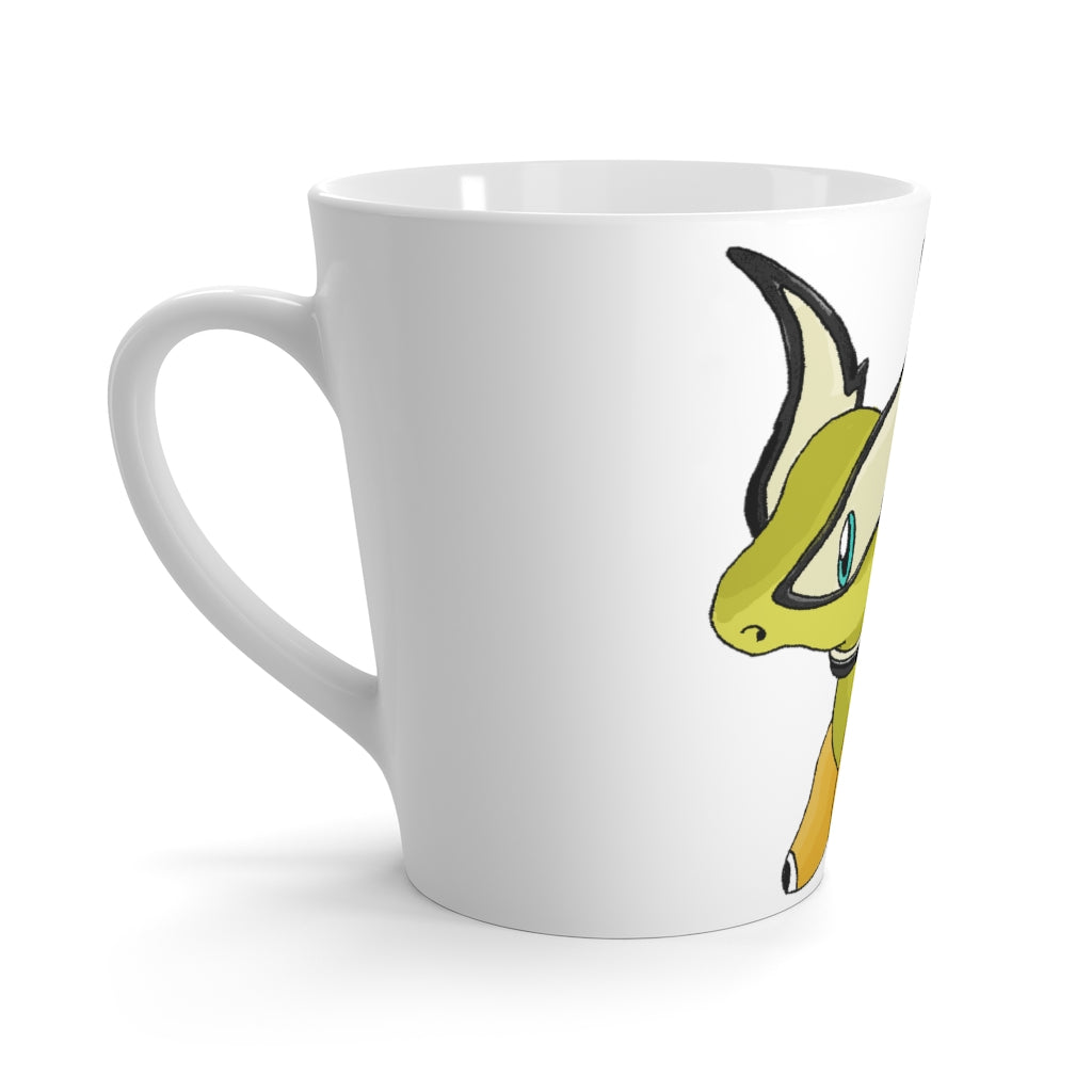 A stylish white ceramic latte mug with rounded corners and a comfortable C-handle, featuring vibrant sublimation printing.