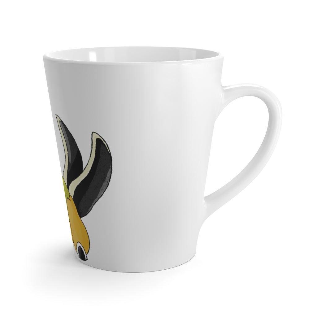 A stylish white ceramic latte mug with rounded corners and a comfortable C-handle, featuring vibrant sublimation printing.