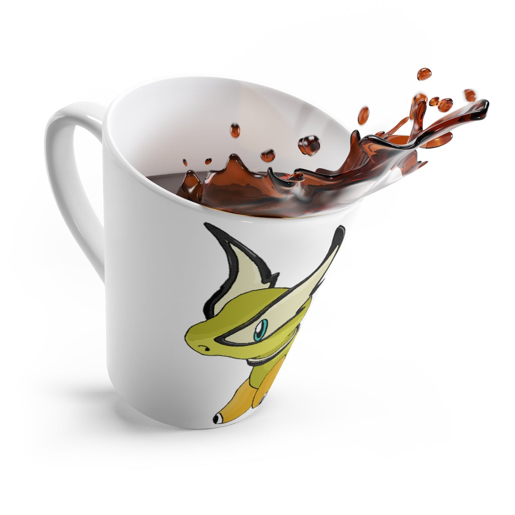 A stylish white ceramic latte mug with rounded corners and a comfortable C-handle, featuring vibrant sublimation printing.