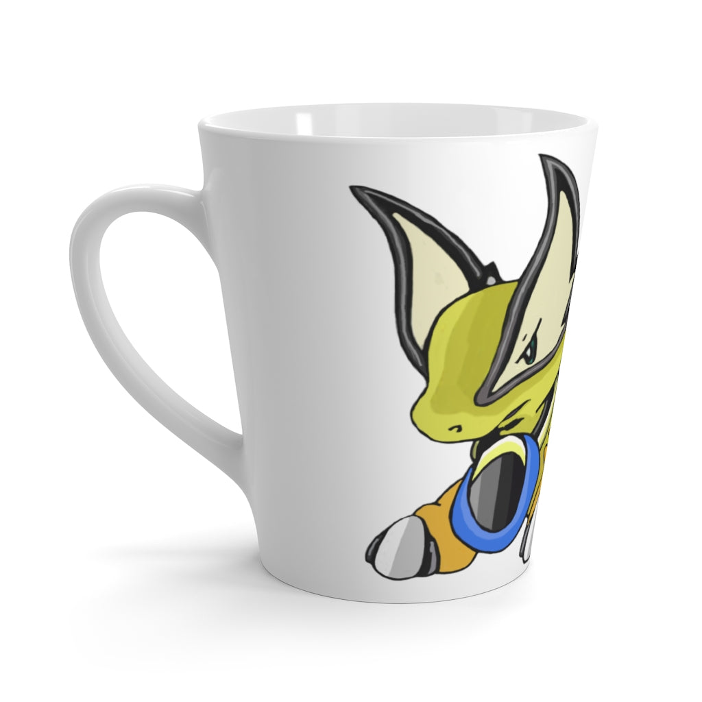 Sporela Latte Mug in white ceramic with rounded corners and C-handle, showcasing vibrant sublimation print.