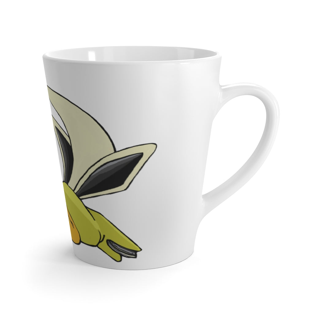 Sporela Latte Mug in white ceramic with rounded corners and C-handle, showcasing vibrant sublimation print.