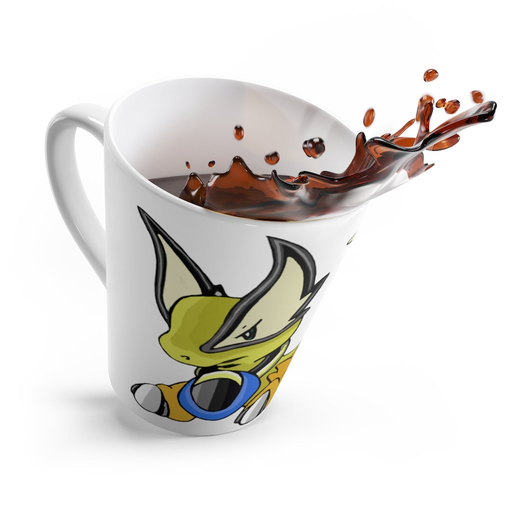 Sporela Latte Mug in white ceramic with rounded corners and C-handle, showcasing vibrant sublimation print.