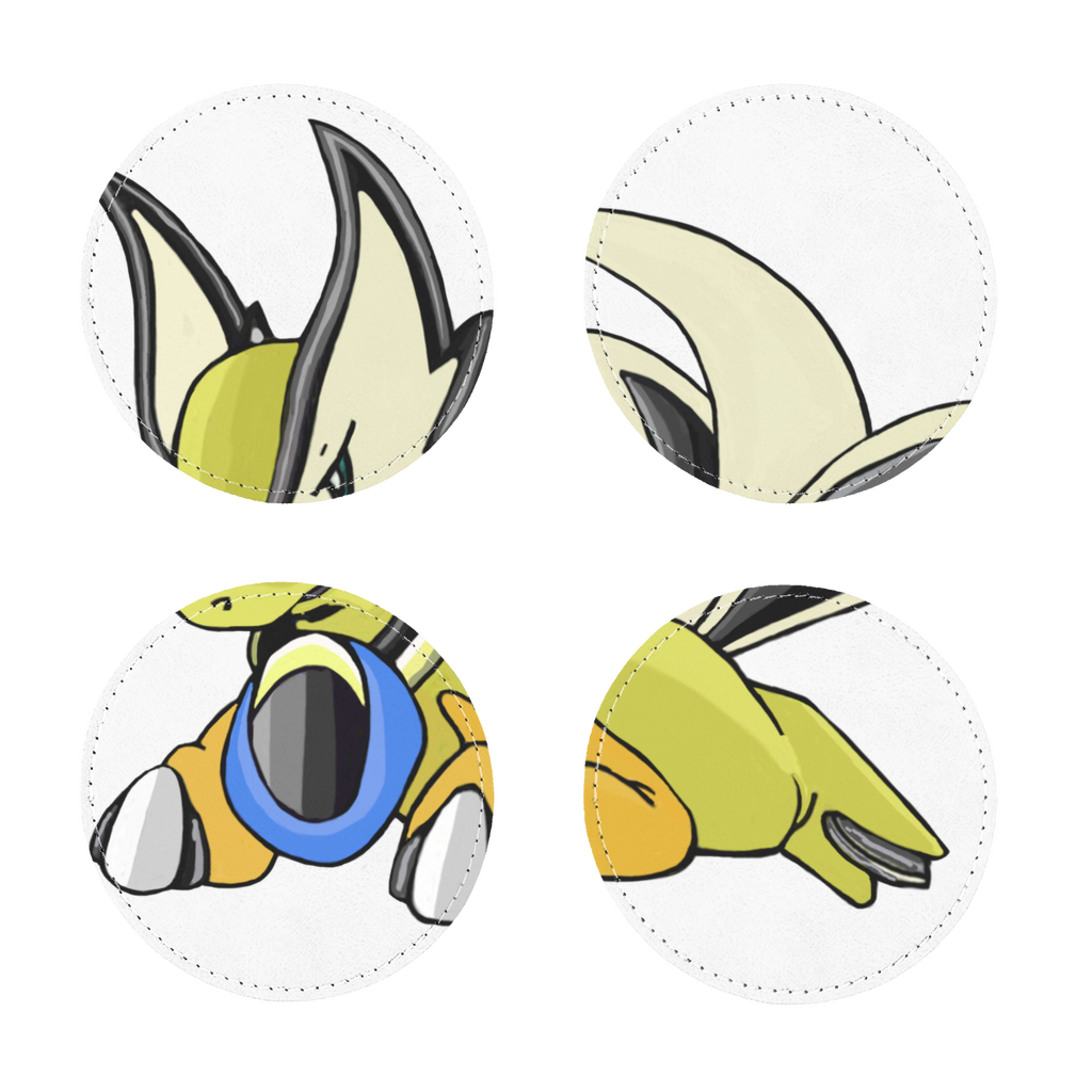 Pack of four Sporela sublimation coasters made from PU leather, featuring a white printable face and white stitching, available in square and round shapes.