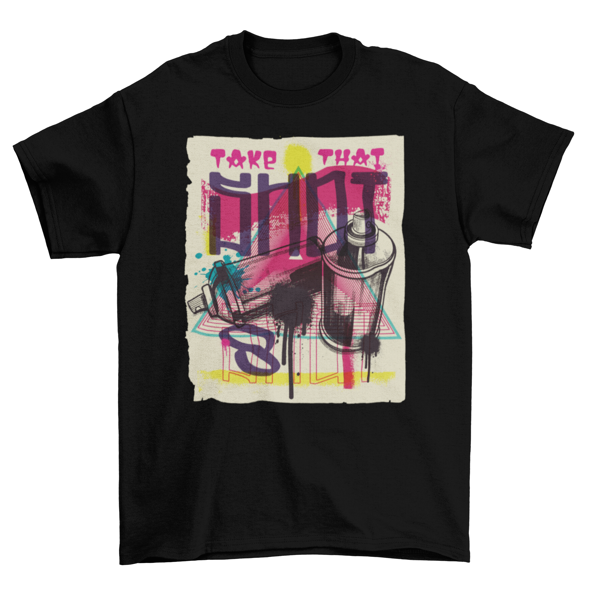 A vibrant urban graffiti t-shirt featuring colorful spray paint cans and the quote 'Take that shot', perfect for art enthusiasts.